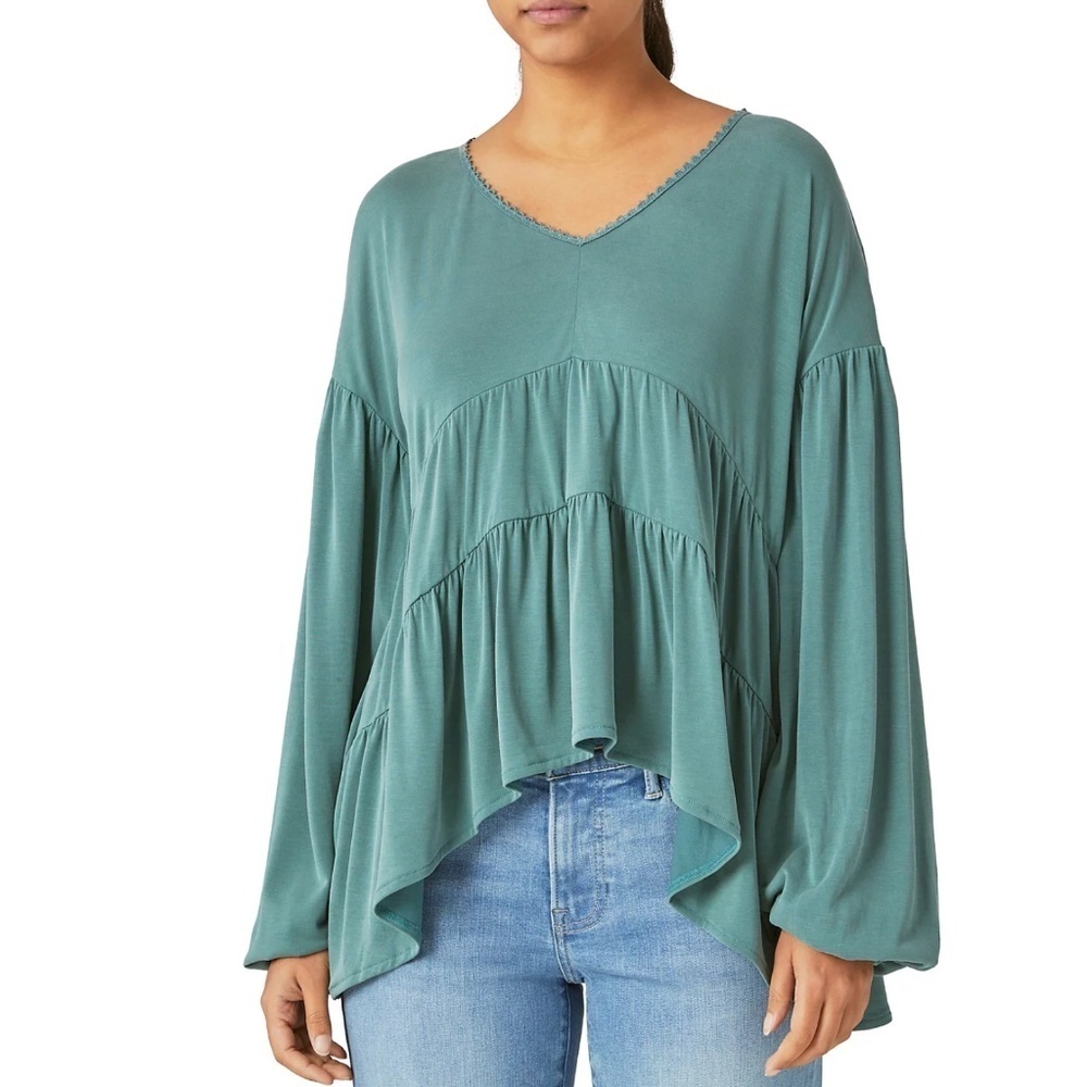 Lucky Brand Women's Teal Green Asymmetric Tiered Tunic Top Soft Modal LARGE